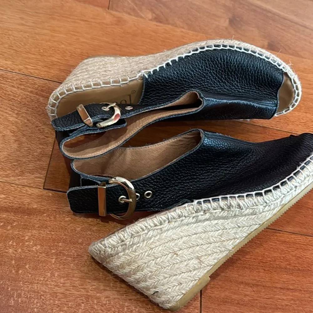 Anthropologie Maypol black Leather Cross Band‎ Espadrilles Wedge Sandals 40/9